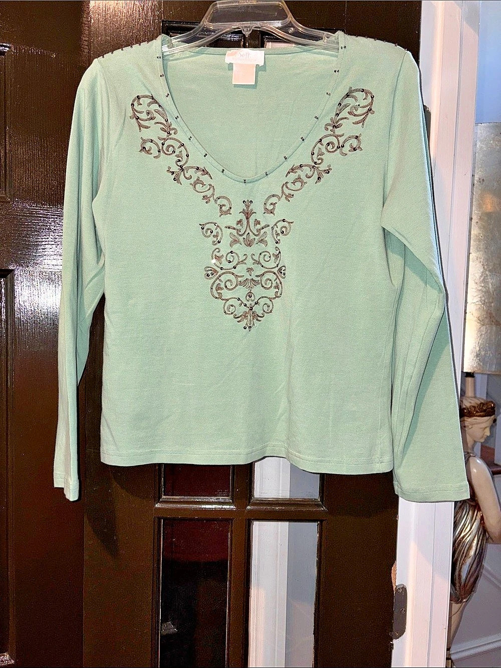 Soft Surroundings Embellished Long Sleeve Top in Green Size Medium